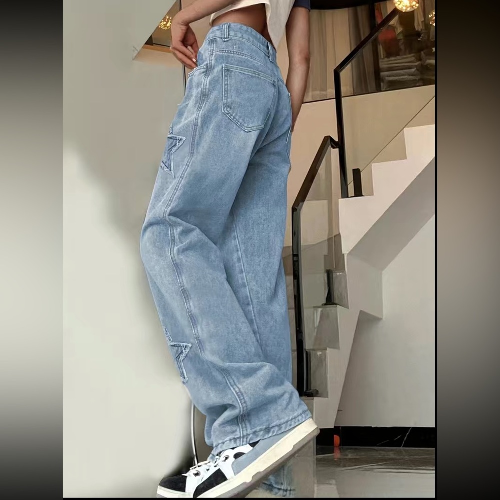Loose Fit Blue Star Shape Patchwork Straight Jeans - image 4